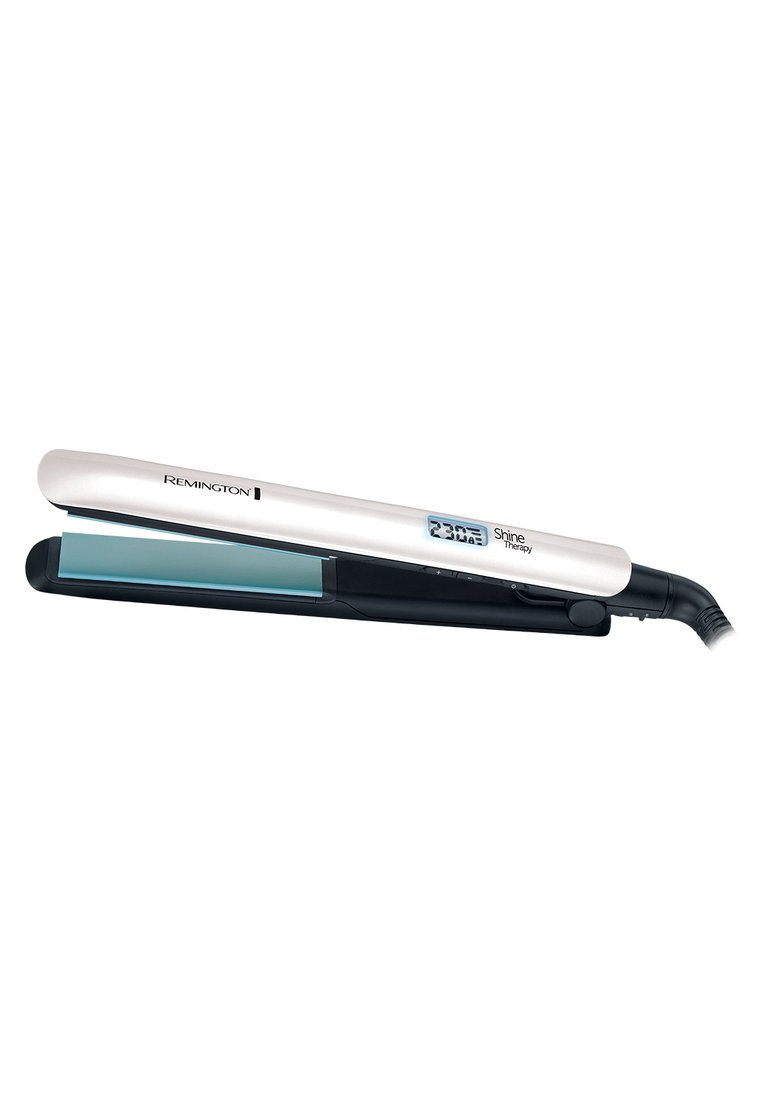 Plancha de pelo Remington con un cuerpo blanco, base negra y placas de cerámica azules. Presenta una pantalla digital de temperatura en el mango.