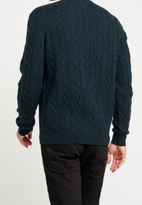 Donkergroene kabelgebreide trui met structuurpatroon, geribde halslijn, manchetten en zoom. Heeft een losse pasvorm, gezien van achteren.