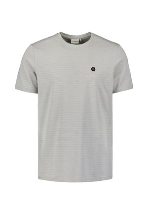 Lichtgrijs t-shirt met korte mouwen, voorzien van subtiele horizontale strepen en een klein hexagonaal logo op de borst. Zachte stof, normale pasvorm.