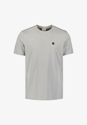 Lichtgrijs t-shirt met korte mouwen, voorzien van subtiele horizontale strepen en een klein hexagonaal logo op de borst. Zachte stof, normale pasvorm.