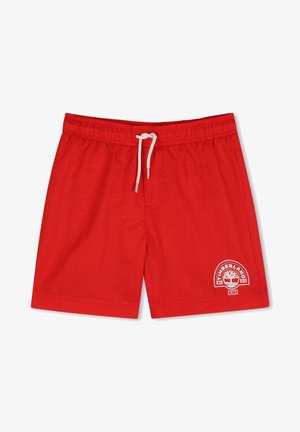 Short de bain rouge pour homme avec cordon de serrage blanc et logo Timberland sur la jambe gauche, taille élastique, devant plat, longueur au-dessus du genou.