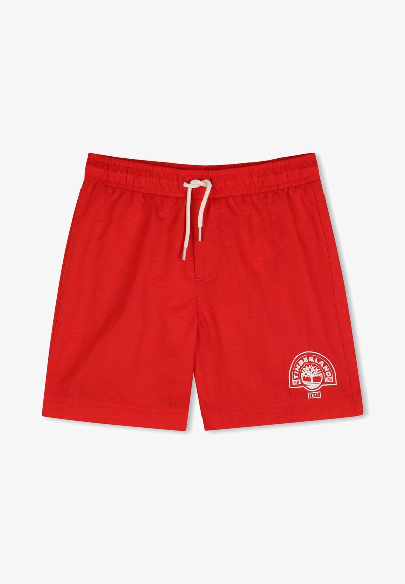 Short de bain rouge pour homme avec cordon de serrage blanc et logo Timberland sur la jambe gauche, taille élastique, devant plat, longueur au-dessus du genou.