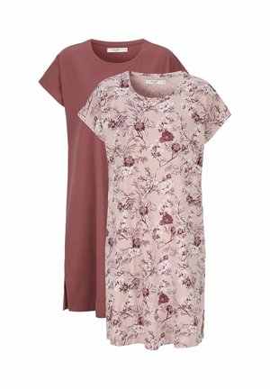 Two short dresses: one solid burgundy and one light pink floral pattern. Short sleeves, round necklines, soft fabric, and side slits.