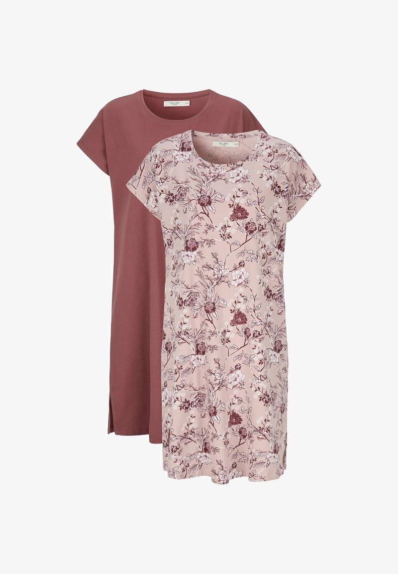 Kaksi lyhyttä mekkoa: yksi tummanpunainen ja yksi vaaleanpunainen kukkakuosi. Lyhyet hihat, pyöreät pääntiet, pehmeä kangas ja sivurakoja.