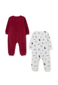 Deux grenouillères pour bébé posées à plat ; l'une est unie bordeaux, l'autre est blanche avec des imprimés colorés de voitures et de véhicules. Les deux ont des manches et des jambes longues.