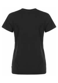 Tricou din bumbac negru, cu mâneci scurte și guler rotund. Prezintă o textură netedă și un eticheta mică cu logo în colțul din stânga jos.