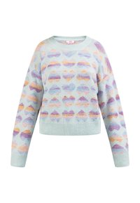 Hellblauer Pullover mit gerippten Bündchen und Saum, der ein wiederkehrendes Herzmuster in zarten Farbtönen von Lila, Pink und Orange zeigt.