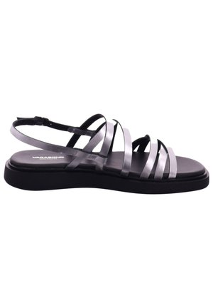 Black sole sandal with five metallic silver straps across the foot and a thin ankle strap with buckle closure.