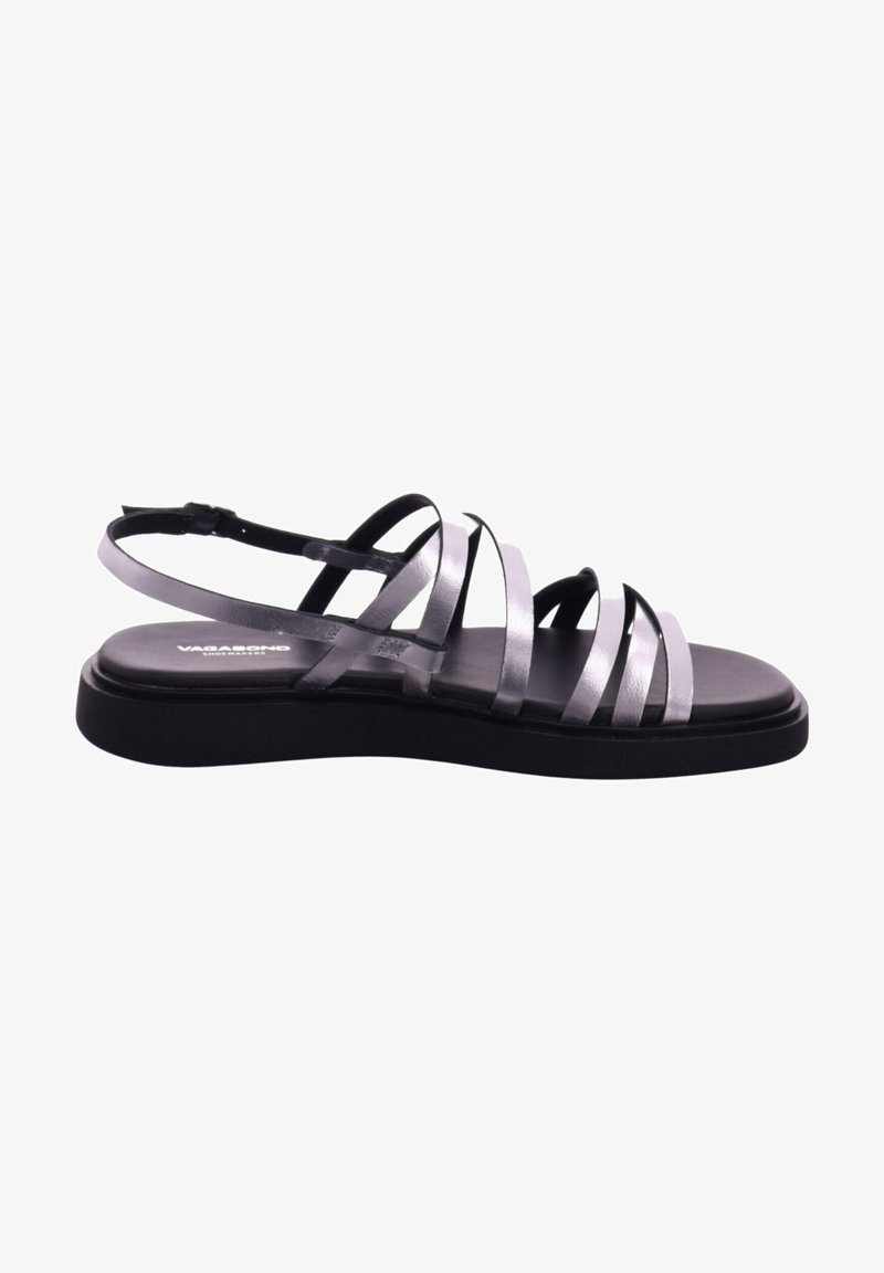 Black sole sandal with five metallic silver straps across the foot and a thin ankle strap with buckle closure.