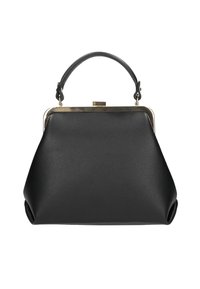 Czarna skórzana torebka o strukturalnym kształcie, z górnym uchwytem i złotą metalową ramą. Teksturowana powierzchnia o gładkim wykończeniu.