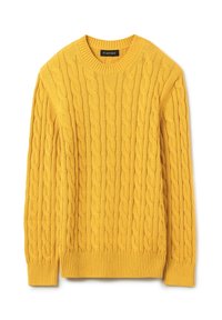 Gelber Strickpullover mit einem Zopfmuster, gerippten Bündchen und Rundhalsausschnitt, aus weichem, strukturiertem Stoff gefertigt.