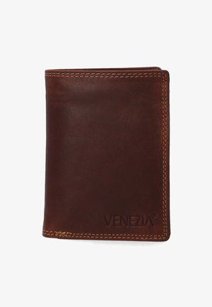 Braune Lederbörse mit glatter Textur, genähten Akzenten und geprägtem Markennamen "VENEZIA" in der unteren rechten Ecke.