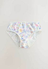 Culottes blanches pour filles avec des gribouillis colorés comprenant des fleurs, des animaux, des glaces, des étoiles et des textes ludiques sur un fond uni.