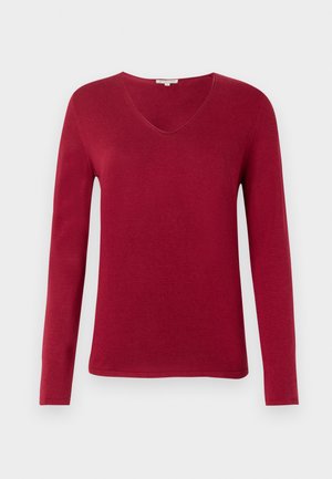 Rode lange mouw gebreide top met een V-hals. Gemaakt van zacht materiaal, met een effen textuur zonder patronen of versieringen.