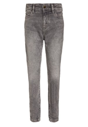 Grå denim jeans med slim fit, der har en tekstureret finish, traditionelle lommer og en knaplukning i taljen.