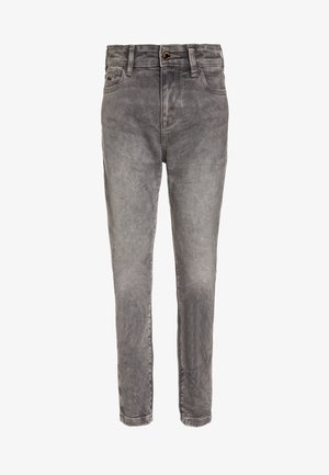 Szare dżinsy o dopasowanym kroju, z teksturowanym wykończeniem, tradycyjnymi kieszeniami i zapięciem na guzik w pasie.