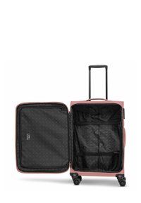 Roze stoffen rolkoffer met een hard schaal, dubbele compartimenten, zwarte binnenvoering en vier spinnerwielen voor mobiliteit.