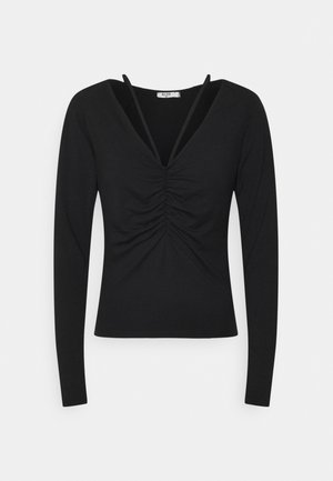 Zwarte top met lange mouwen, geplooide voorkant, diepe V-hals en dunne schouderbandjes, gemaakt van aansluitende stof.