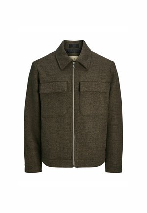 Brown wool-blend jacket with a zip front, flat collar, and two chest pockets. Features a textured, herringbone pattern.
