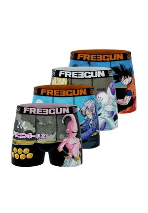 Quatre paires de boxers pour hommes avec des designs de dessins animés colorés. Les matériaux sont extensibles, avec une ceinture noire portant l'inscription "FREEGUN".