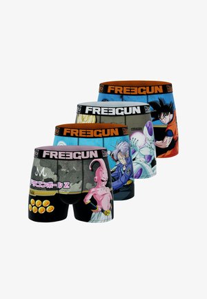 Quatre paires de boxers pour hommes avec des designs de dessins animés colorés. Les matériaux sont extensibles, avec une ceinture noire portant l'inscription "FREEGUN".