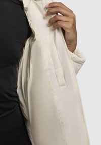 Chaqueta de plumas color beige claro con una textura suave y brillante. Presenta un cierre de cremallera y un bolsillo interior, parcialmente abierto para revelar el forro.