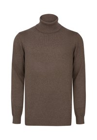 Brauner Rollkragenpullover aus weichem Material. Verfügt über lange Ärmel, gerippte Bündchen und einen gerippten Kragen, mit einer durchgehend glatten Textur.