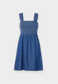 Vestido de mezclilla con corsé fruncido, tirantes gruesos y falda acampanada. El color es azul profundo con una textura suave y detalles de costura mínimos.