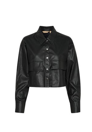 Cropped black leather jacket with a pointed collar, front snap closure, and two chest pockets. Features long sleeves with fitted cuffs.