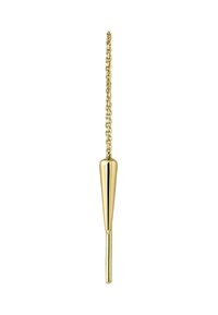 Accesorio de metal dorado con forma cónica, que presenta un acabado suave y una cadena delicada para colgar.