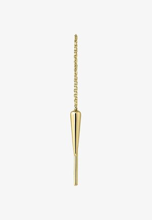 Accesorio de metal dorado con forma cónica, que presenta un acabado suave y una cadena delicada para colgar.