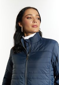 Giacca trapuntata blu navy con collo alto, dotata di zip frontale e silhouette affusolata. Texture lucida con dettagli di cucitura delicati.