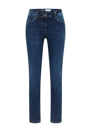 Tummansiniset farkut suoralla lahkeella, viiden taskun tyylillä ja napin suljennalla. Ominaisuuksiin kuuluu kontrastikirjailu ja pehmeä tekstuuri.