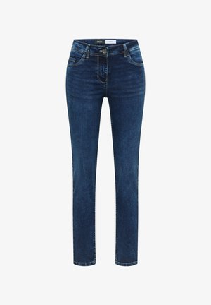 Dunkelblaue Jeans aus Denim mit geradem Bein, Fünf-Taschen-Stil und Knopfverschluss. Verfügt über kontrastierende Nähte und eine weiche Textur.