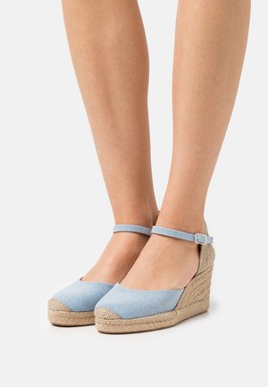 Jambes portant des espadrilles compensées en tissu bleu clair avec des lanières à la cheville et des talons plateforme en jute tissé sur un fond blanc.