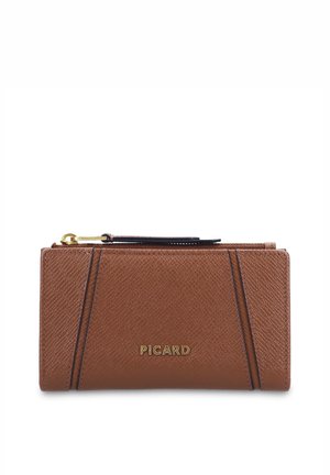 Brown textured leather wallet with gold zipper and black pull tab, featuring the brand name "Picard" in gold letters on front.