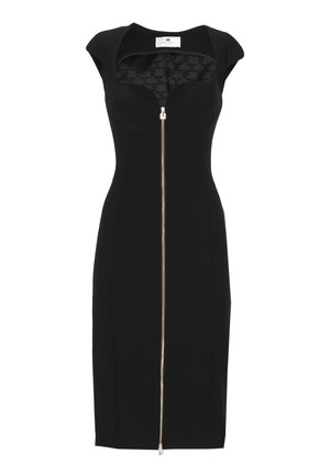 Robe midi noire cintrée sans manches avec épaules structurées et fermeture éclair dorée sur toute la longueur à l'avant.