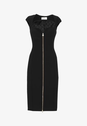 Robe midi noire cintrée sans manches avec épaules structurées et fermeture éclair dorée sur toute la longueur à l'avant.