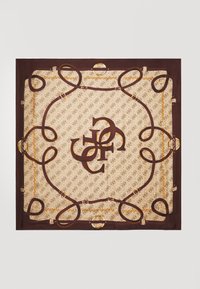 Étole en soie présentant un fond beige avec un motif logo répétitif, encadré par une bordure marron foncé et des accents dorés. La forme est carrée.