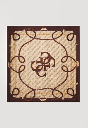 Silk scarf featuring a beige background with a repeating logo pattern, framed by dark brown border and gold accents. Shape is square.