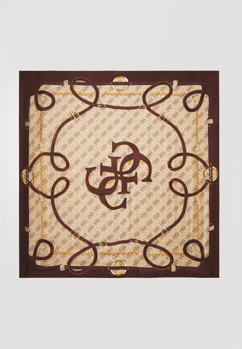 Étole en soie présentant un fond beige avec un motif logo répétitif, encadré par une bordure marron foncé et des accents dorés. La forme est carrée.
