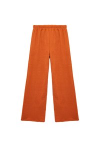 Bredde ben, orange bukser lavet af struktureret stof med elastisk talje og uden synlige sømme.