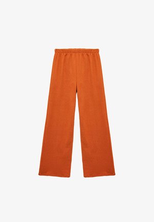 Hüftweite, orangefarbene Hosen aus strukturiertem Stoff mit elastischem Bund und ohne sichtbare Nähte.