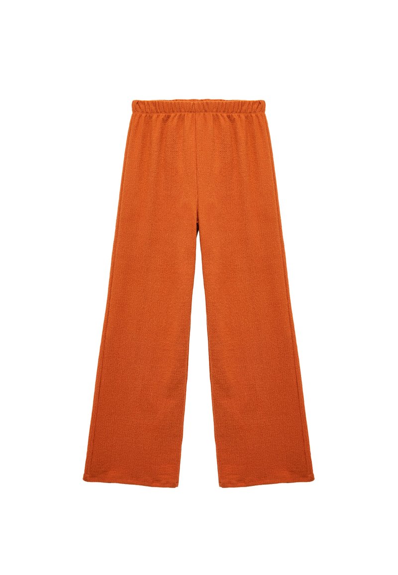 Bredde ben, orange bukser lavet af struktureret stof med elastisk talje og uden synlige sømme.