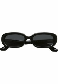 Ochelari de soare negri cu rame rectangulare, lentile întunecate și brațe groase, lucioase. Fără logo-uri sau modele vizibile. Design simplu, minimalist.