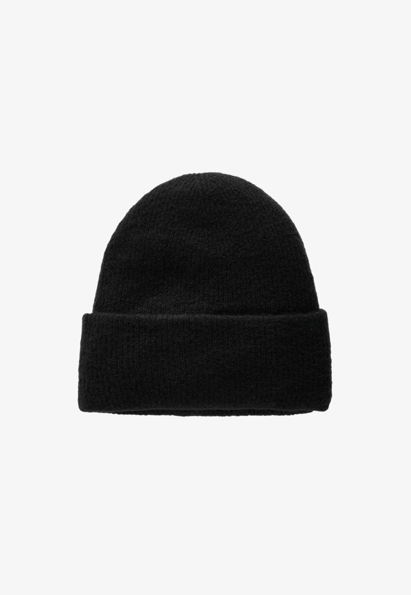 Bonnet en tricot noir avec un revers. Fabriqué en matériau texturé ressemblant à de la laine, il présente un design simple et fonctionnel.
