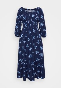 Marineblå blomstret maxikjole med avtagbar halsringning, elastisk midje, lange puffermer og lagdelt volangkant.