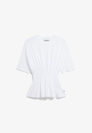 Witte top met korte mouwen van katoen met een gathered taille, wat een peplum-effect creëert. Zachte textuur en ronde halslijn, label zichtbaar aan de binnenkant.