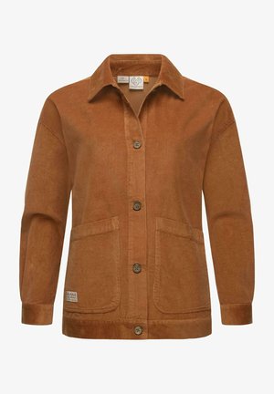 Brown corduroy jacket featuring a button-up front, two front pockets, and a collared neckline with textured ribbed fabric.