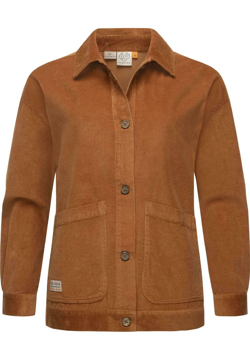 Giacca in corduroy marrone con chiusura a bottoni, due tasche frontali e colletto in tessuto a coste.
